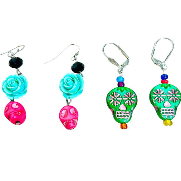 Sugar Skull Day of the Dead Colorful Dangle Earrings - Picture 1 of 4
